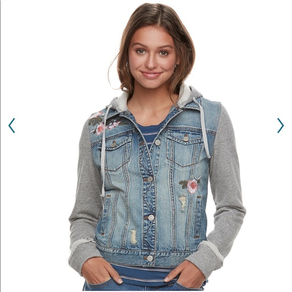Mudd Floral Hooded Knit Sleeve Denim 
